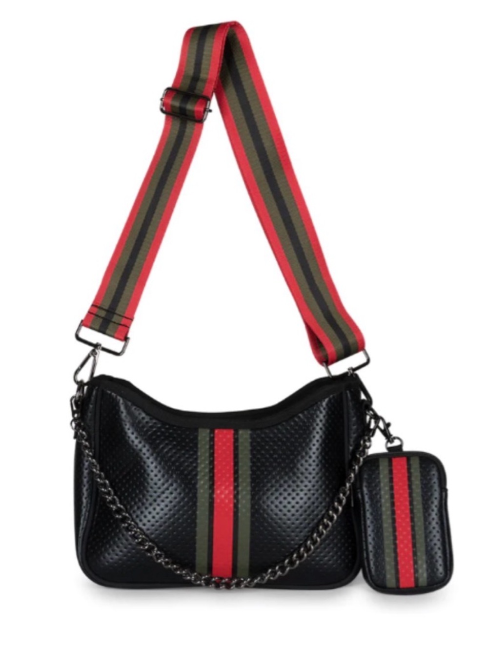 HAUTE SHORE Black Crossbody Bag with Red and Olive Stripes